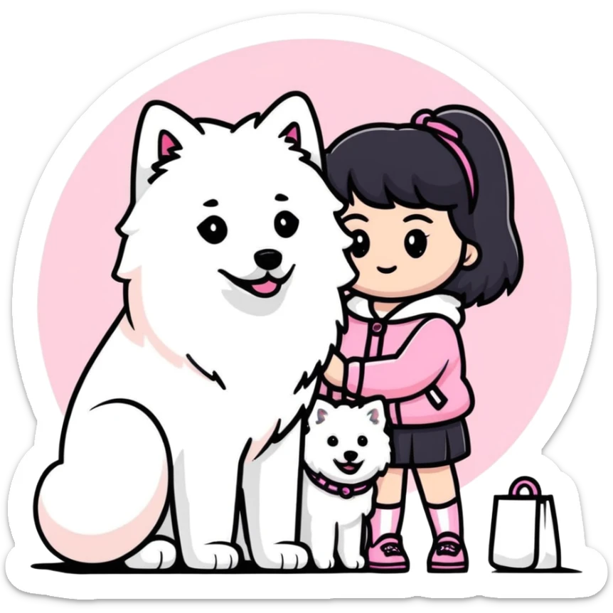 black-haired girl in pink Chanel style outfit with white Samoyed dog sticker
