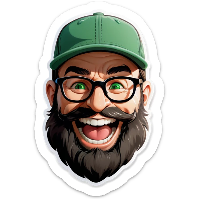A man with a grey baseball cap, green eyes, big dark brown beard and glasses, laughing out loud  sticker