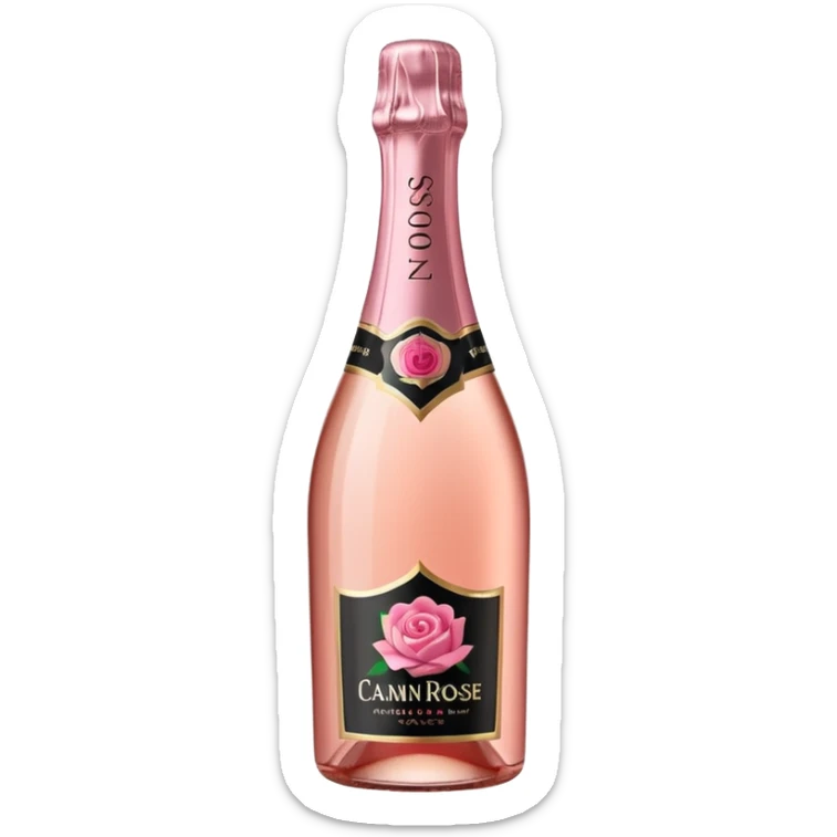 bottle of sparkling rosé champagne with a rose logo on the label, tilted up and to the right, no glass sticker