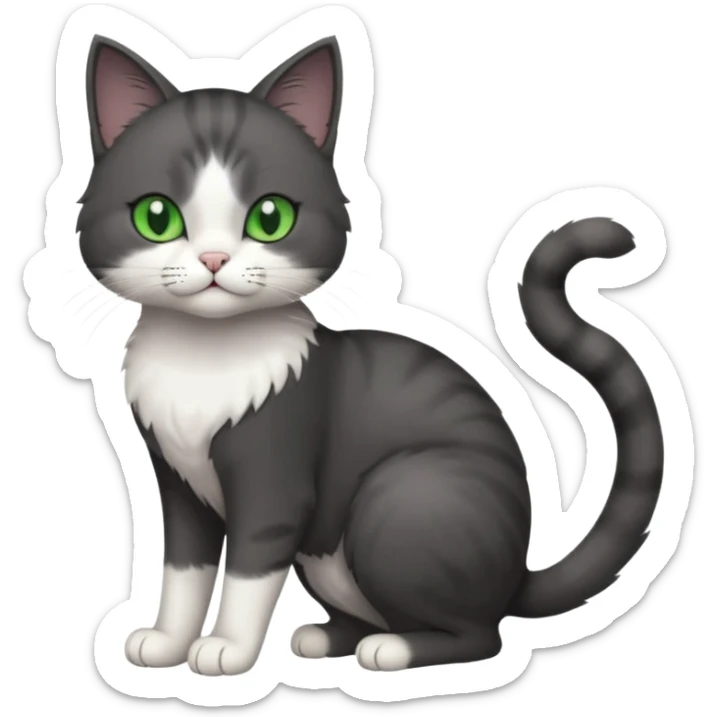 full body view of beautiful female solid dark grey cat with green eyes, white toes/paws and white patch on her chest sticker