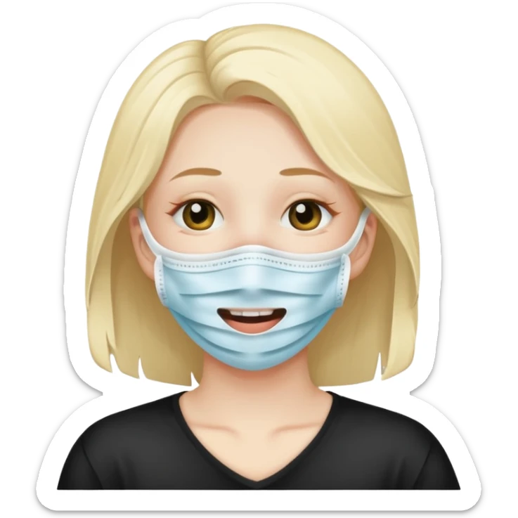 make me an emoji of a character with a tear wearing a smile face mask sticker