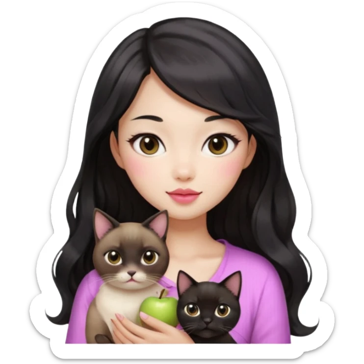 Asian woman with fair skin holding a Siamese cat, black see-through bang front hair, long wavy hair, round brown eyes, light pink blush, pink lips, warm expression, Apple emoji style sticker