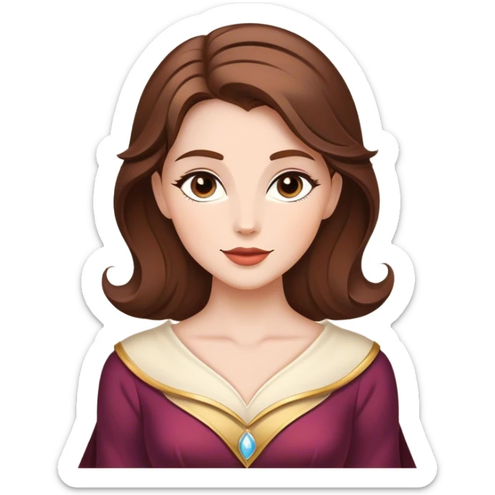 Cinematic Majestic Belle Portrait Emoji, rendered in a clean, vector-style with bold, simplified shapes. Show Belle with a serene, noble expression, fair skin and gracefully styled brown hair, her classic attire refined and understated. The design radiates a majestic, enchanting glow with high shine and a soft glowing outline, embodying royal elegance. sticker
