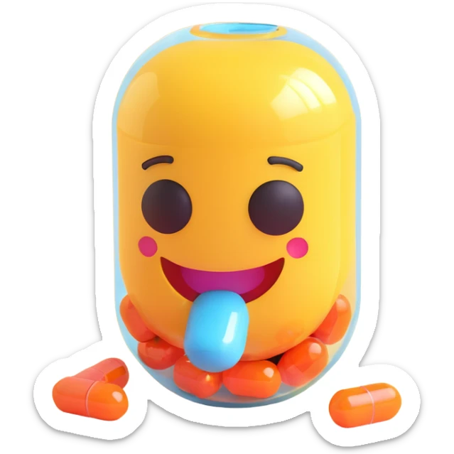 cute and healthy probiotic emoji in pill or capsule form with a smiling face, bright and refreshing colors sticker