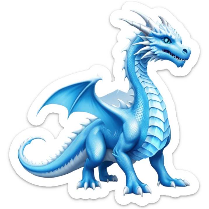 Cinematic Noble wise elegant Ice Dragon full body  Emoji, Poised and imposing, distinct long elegant snout, with a slender, scaled body shimmering in glacial hues of icy blue, frostbitten silver, and crystalline white, breathing out frost, with piercing, glowing ice blue white eyes that radiate the chilling depths of an arctic storm; rendered in detail. excuding wisdom sticker