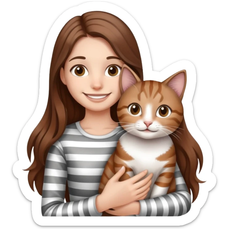 smiling girl with long hair holding a cat with silver stripes sticker