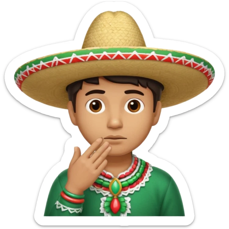 person deep in thought, wearing a traditional Mexican sombrero. The character has a neutral or slightly furrowed expression, one hand gently touching their chin in a classic thinking pose.  sticker