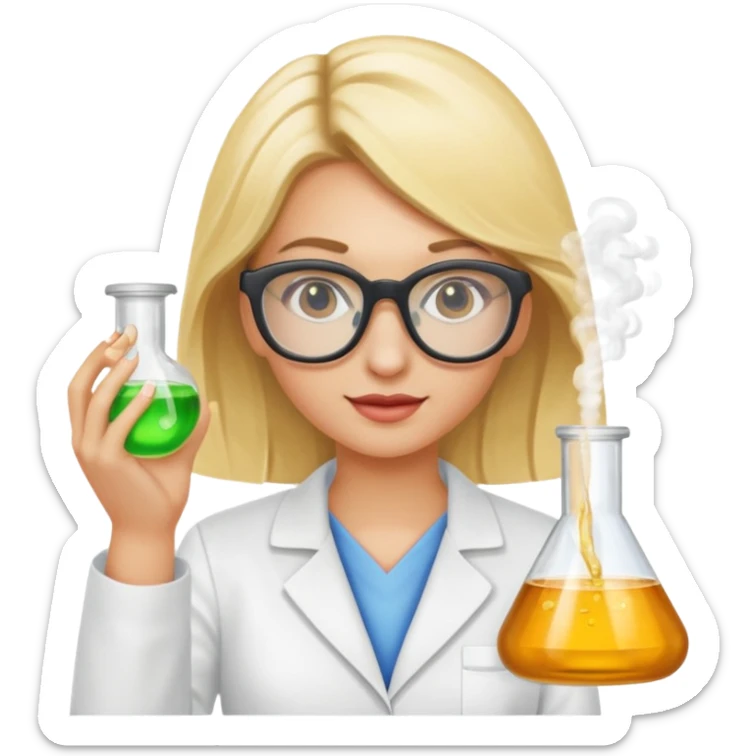 Eine hellblonde Chemikerin mit typischem Erlmeyerkoblben in der Hand und Chemiebrille auf sticker