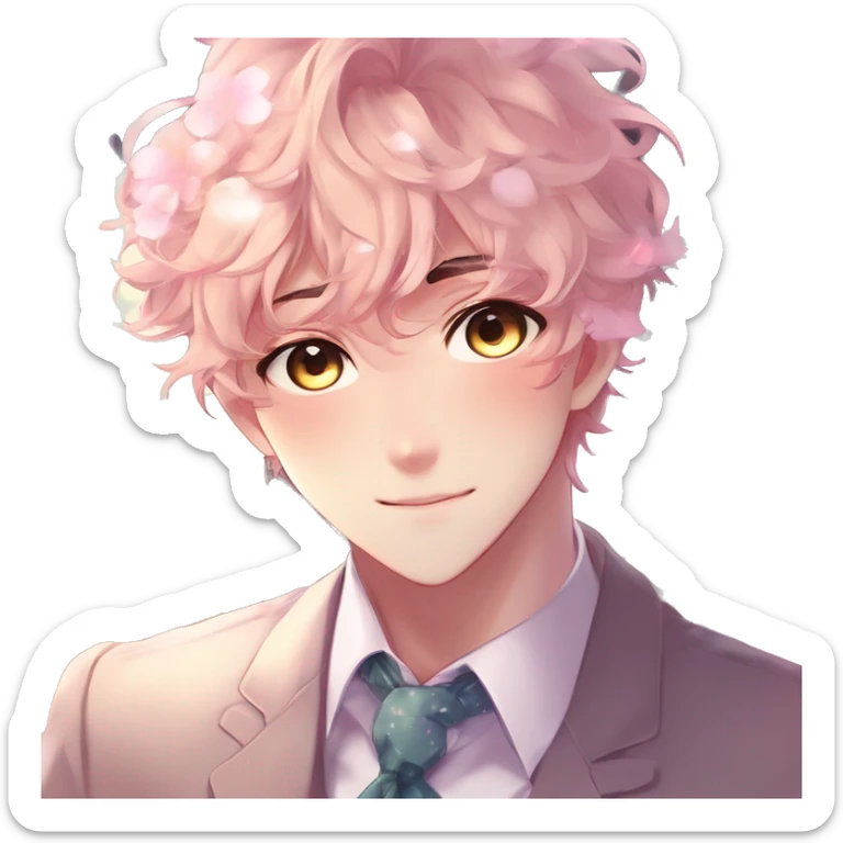 Gorgeous romantic hot attractive anime style formal modern gentlemanly anime shojo guy with pretty hair and flower petals and blushing face aesthetic trending style with colorful gradient colors  pastelcore cottagecore kawaiicore sticker