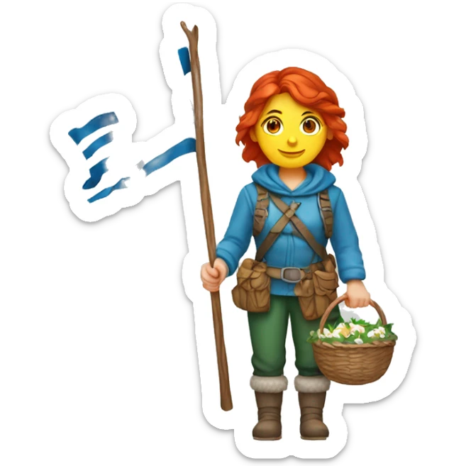 red hair female winter mountaineer with Easter basket and Greek flag sticker