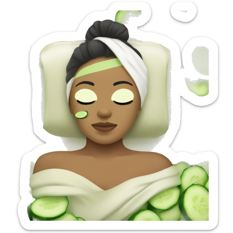 A girl’s face with a green relaxing spa mask on, her eyes closed, with a peaceful and serene expression. Her hair is tied back with a towel wrap, and there are small details of cucumber slices placed over her eyes. sticker