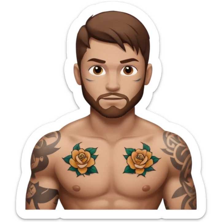 tattoo man, white skintone,brown hair, tattoos on face, more visible, bulky man with tattos on his chest. sticker