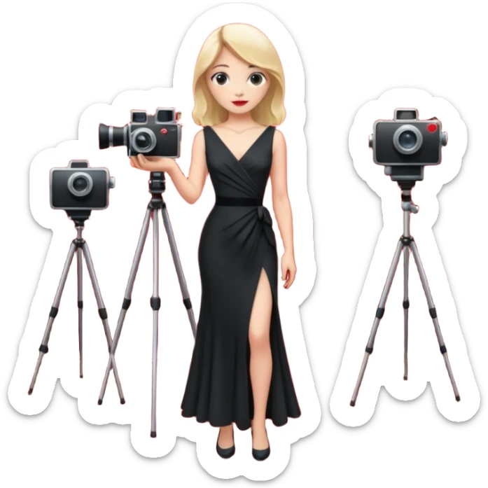 an actress standing on a red carpet with a formal dress, with a film camera next to her. sticker