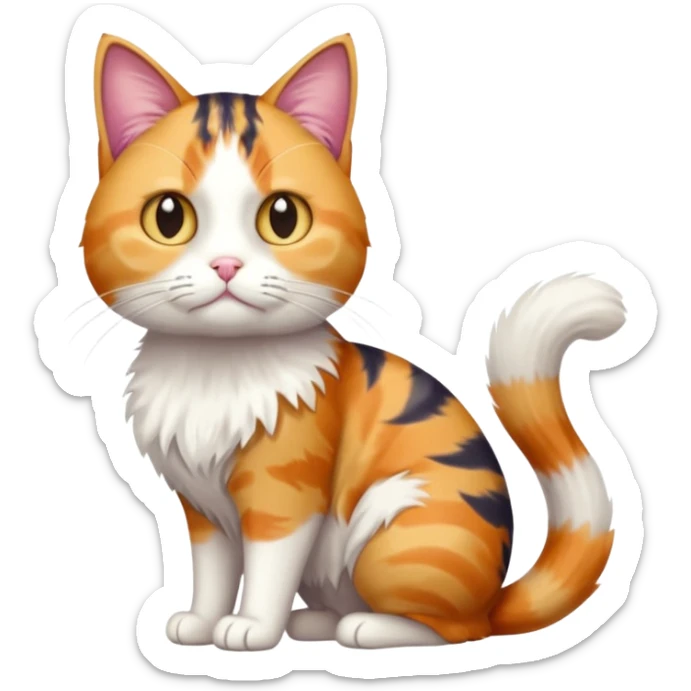full body colourful calico tabby cat with disproportioned head with an anxious face and fully white front legs sticker