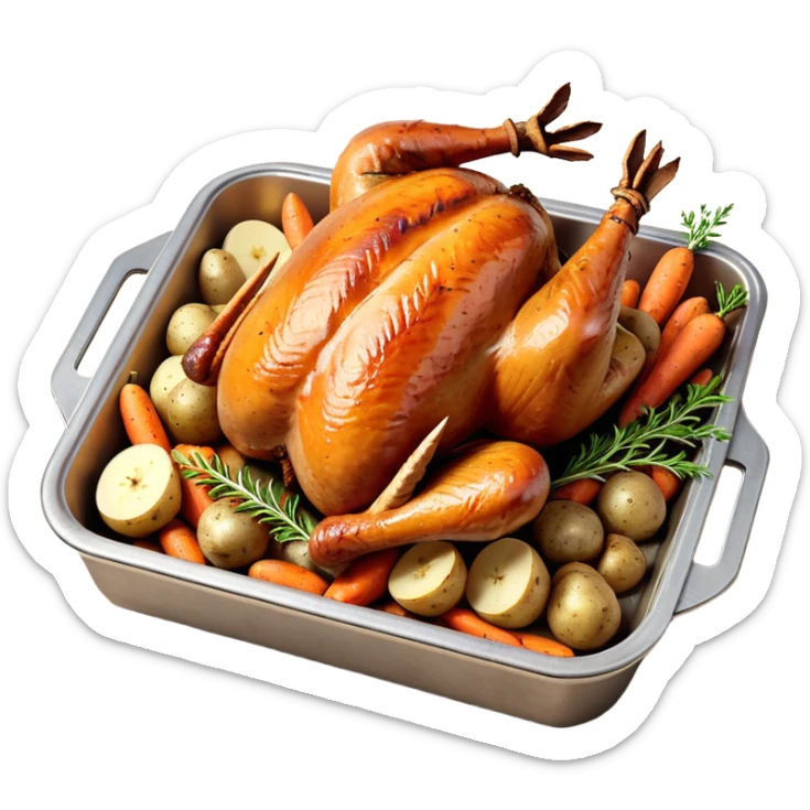 roasted turkey in a baking tray, golden brown crispy skin, whole turkey surrounded by vegetables, oven-baked meal presentation, juicy texture, warm food lighting, 3D cartoon style, mobile game icon style, centered composition, clean background, no text, no watermark
 sticker