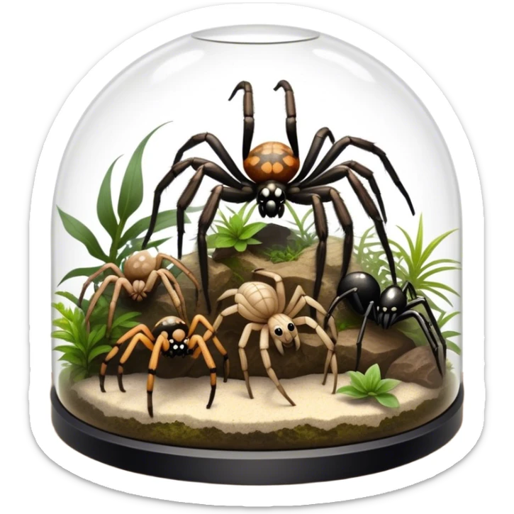 Collage of various spiders, including tarantulas and other exotic species, inside a  terrarium with webs and natural décor. Close-up shots of their intricate legs, eyes, and fuzzy bodies. Soft lighting, transparent background. sticker