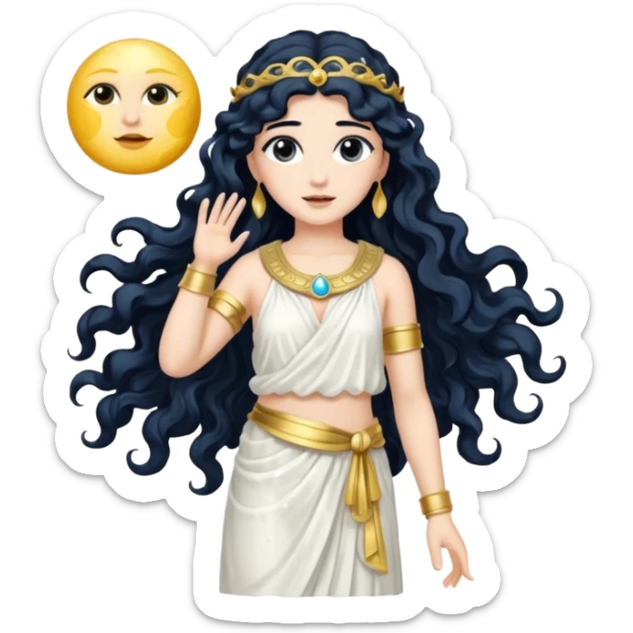 Luna, Goddess of Moon from Roman Deities with long black wavy hair, white sequin toga  sticker