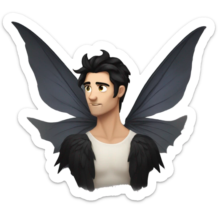 A male fae with black hair with large black wings sticker