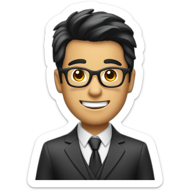 a boy with specs in business suit black hairs with lite beard and looking excited and point his hands sticker