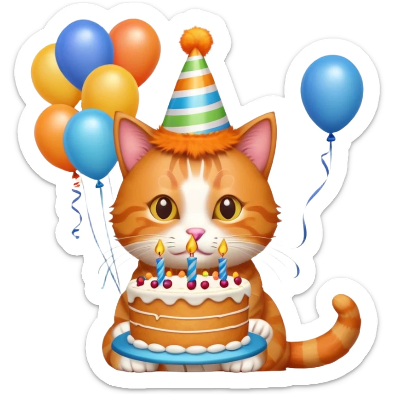 Ginger cat celebrates birthday, birthday hat, birthday cake, balloons, happy, gifts sticker