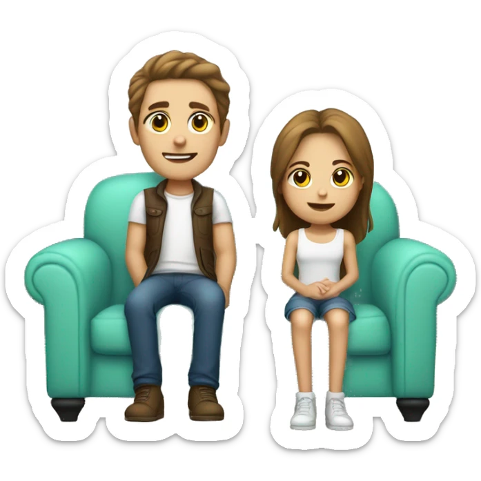 Brown hair White skin  boy and girl with mini pincher Sit on couch sticker