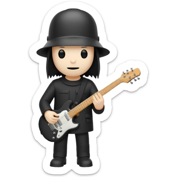Minimalist chibi emoji of Buckethead: tiny body, oversized bucket helmet, simple black clothes, holding a guitar, spooky-cool but adorable sticker