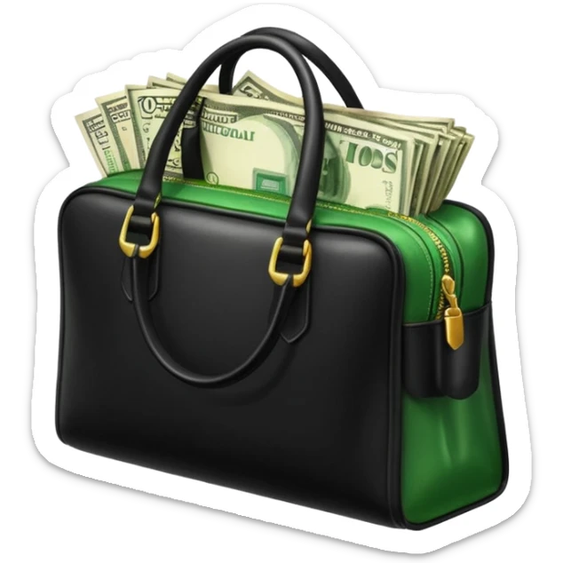 Create a black leather bag with a stack of cash a lot of money in authentic Apple emoji style. sticker