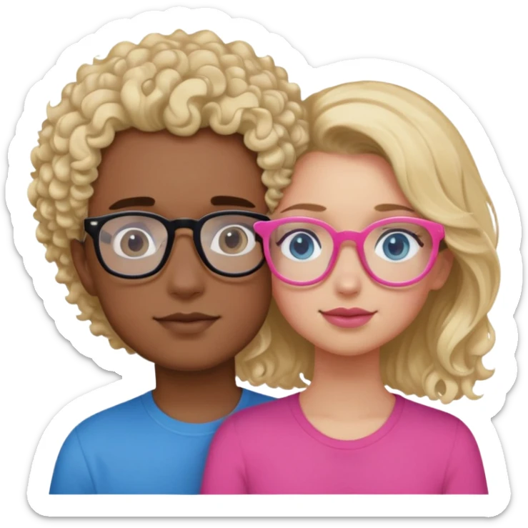 intimate moment between lovers, boy with blonde hair black glasses and blue eyes and a black shirt, Girl with a mixed skin tone, dark brown curly hair, pink glasses, and a pink shirt sticker