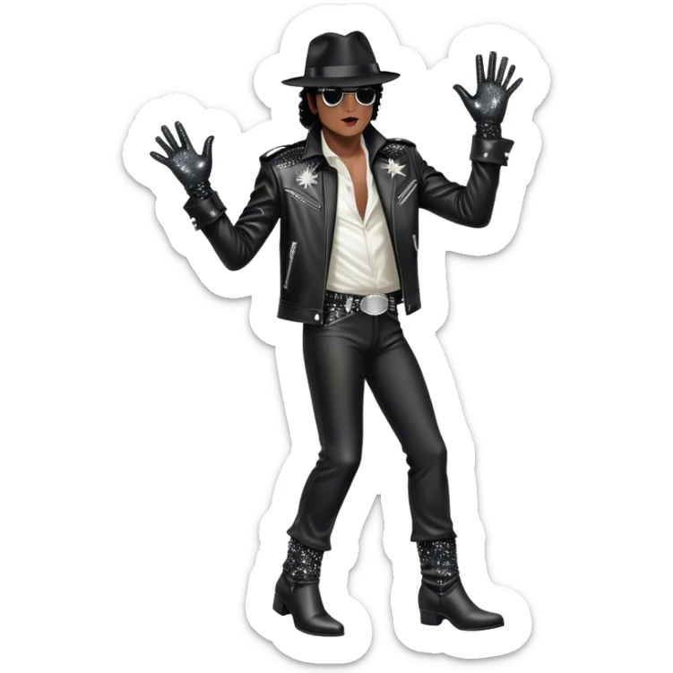 Icon for R&B Music: Michael Jackson on stage in full body, wearing his iconic concert costume—black leather jacket, sequined glove, fedora, and boots. He strikes a powerful pose, embodying the energy of R&B music. Transparent background. sticker
