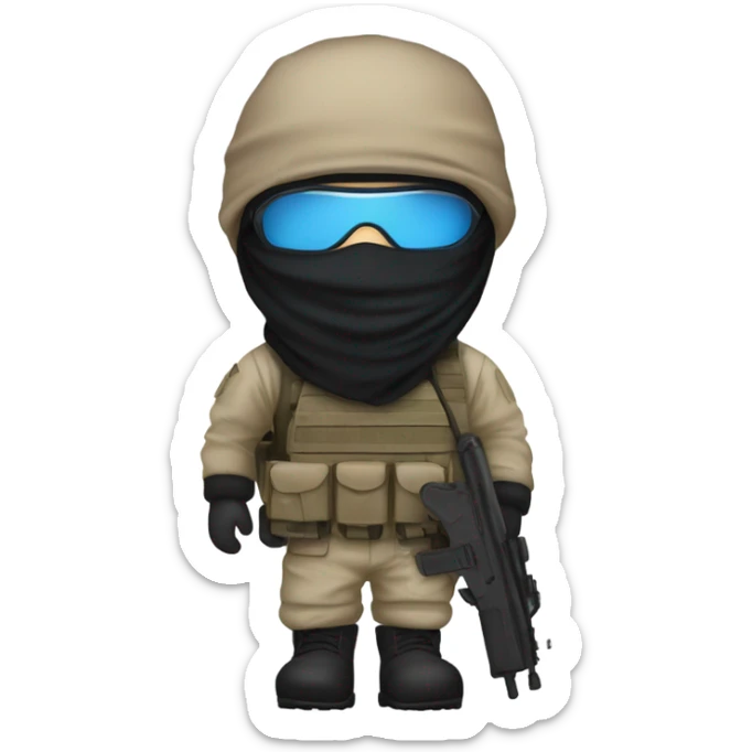 male, pale skin, face mask, tan tactical gear, combat boots, black beanie, blue eyes sticker