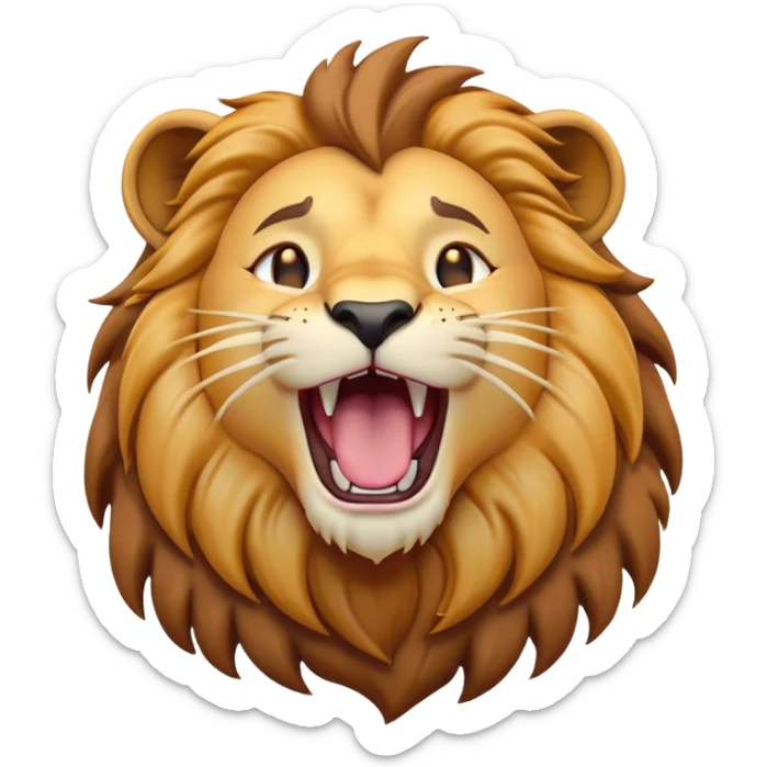 Cinematic Cute Yawning Lion Portrait Emoji, Head tilted slightly with a dramatic, wide-open yawn, showcasing a soft, downy tawny Fur with a majestic mane, floppy ears slightly drooping, round amber eyes barely open in drowsy contentment, Simplified yet irresistibly adorable features, highly detailed, glowing with a soft, cozy glow, high shine, relaxed yet expressive, stylized with a touch of savannah whimsy, bright and endearing, soft glowing outline, capturing the essence of a sleepy yet affectionate lion, so drowsy it feels like it could stretch out of the screen and curl up for a nap! sticker
