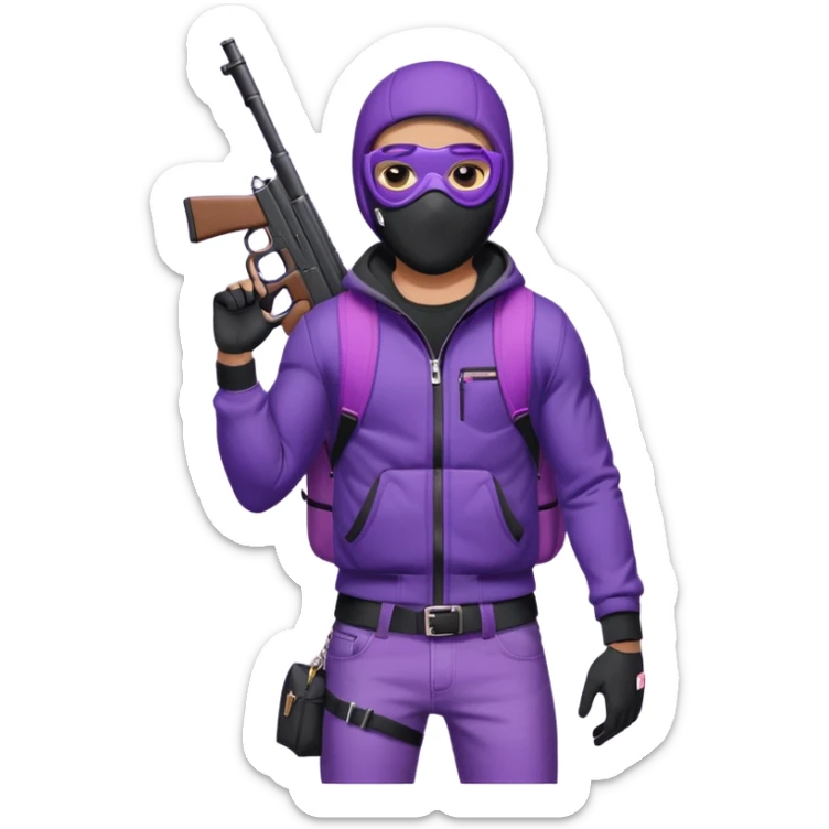 YN wearing a ski mask, holding a gun, purple jeans, Sprayground bookbag, confident stance sticker