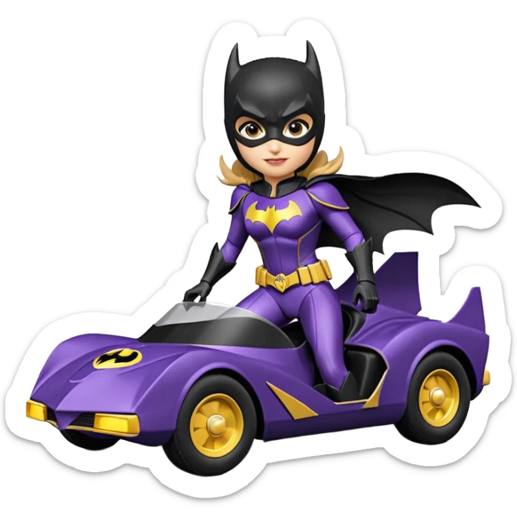 scale racing sexy fitted Batgirl’s heroic armor midnight-colored tight outfit 1970’s tv style dark knight stealthy accurate sporty safe plush deluxe off-road pursuit drifting F1 town car (black hair, shoulders back against seat) rally sticker