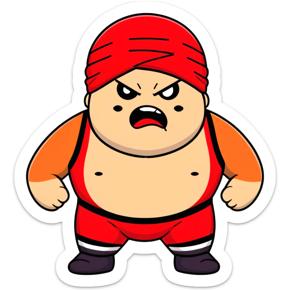 Close-up of white skin fat guy with prominent black durag, completely shaved face, no beard or mustache, black eyes in a red and black wrestling singlet with angry face sticker