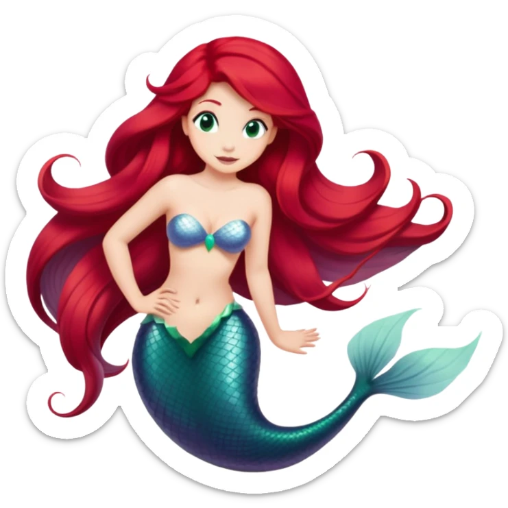 Ariel mermaid from hips up, green tail, red hair, minimal style, larger size sticker