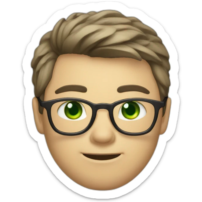 Chatty man, short hair, small thin glasses, green eyes, with dark sweet, geeky sticker