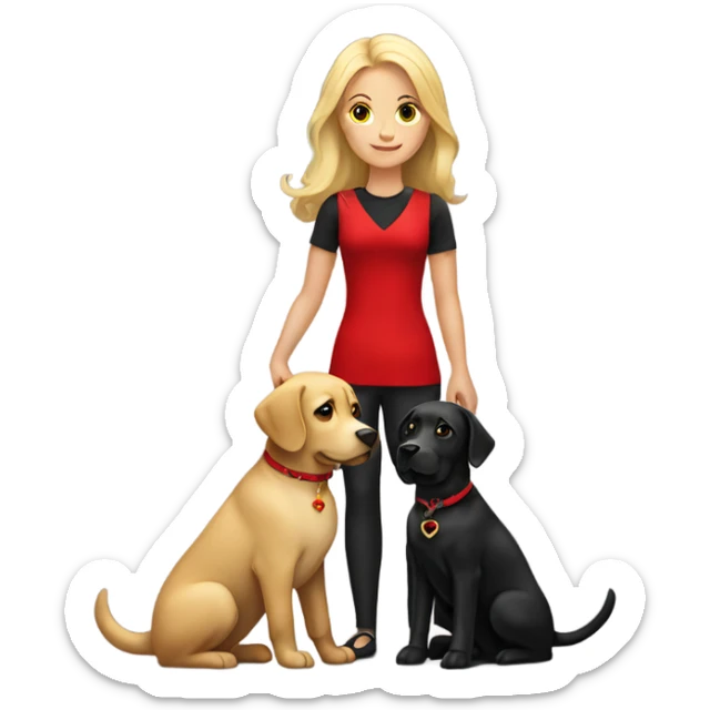 Blonde lady with long hair holding a black Labrador with a red collar  sticker
