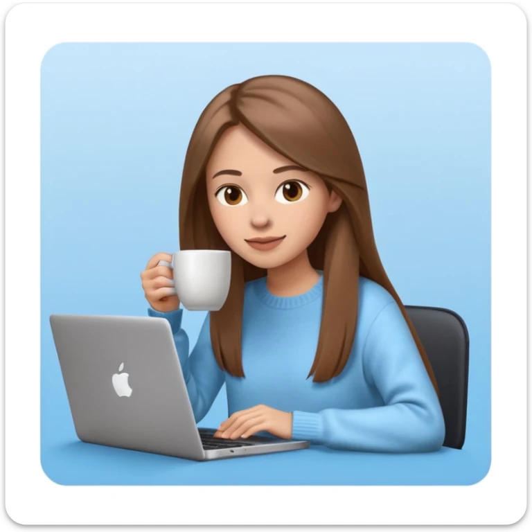 young woman 20 years old, long straight brown hair, wearing a sweater, drinking coffee and working on a laptop, 3D Apple emoji style, light blue background sticker
