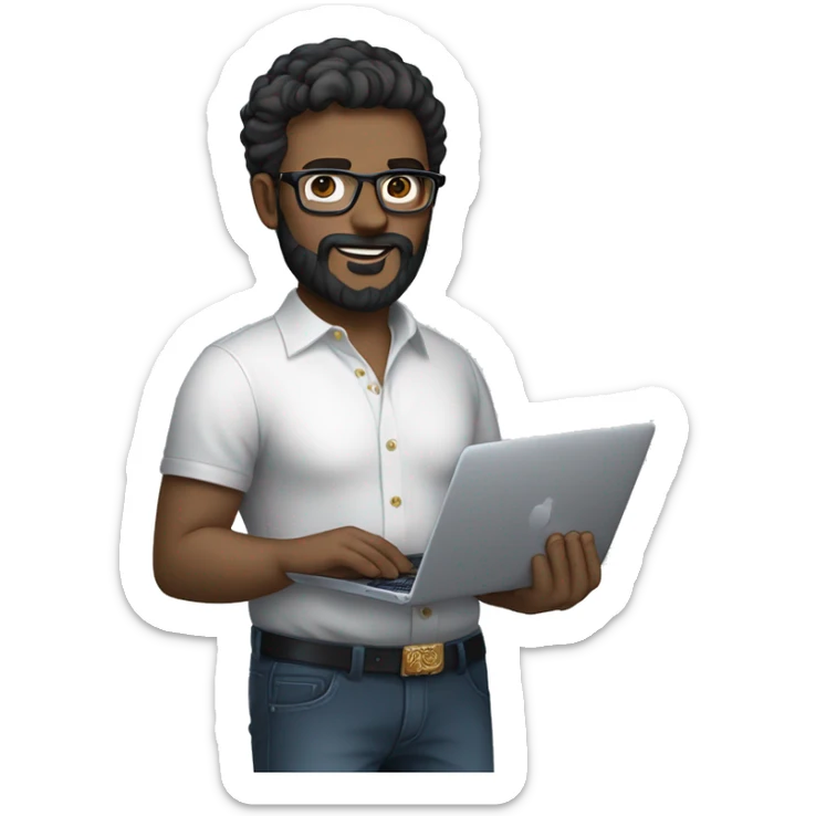 Emoji man with beard holding macbook in hands wearing versace glasses and shirt, profession - graphic designer. Features: white skin, full body type, dark hair, earring in left ear, dark white skin sticker