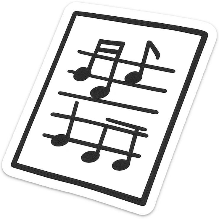 Silhouette of sheet music icon, hand drawn, black outlines, no fill, simple and clean, angled view sticker
