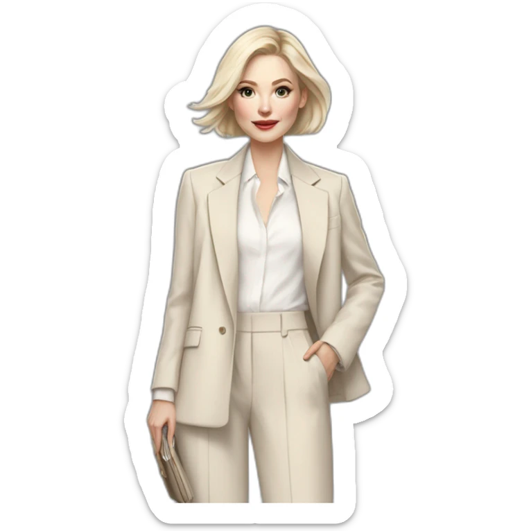 pale skin woman with ash blonde Straightened bob Hair, White Spacious classical jacket, beige palazzo Arrow pants and gray blouse holding a color palettes in the hands sticker