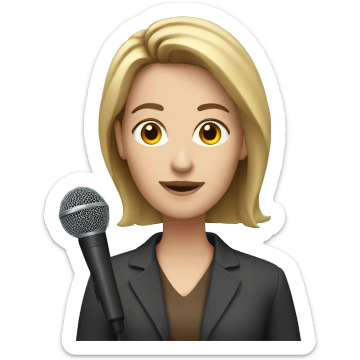 A white woman, straight and brown hair, with a microphone being a journalist sticker