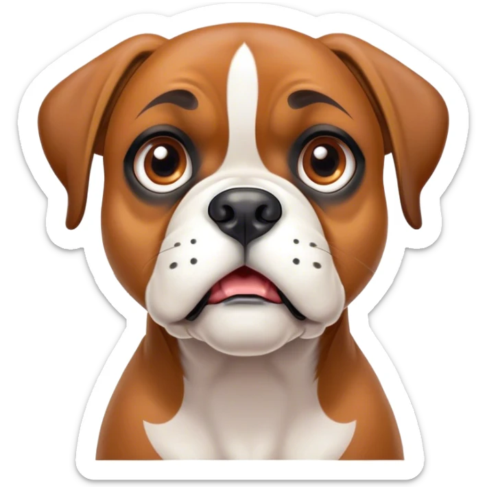 Cinematic Comical Fawn Boxer Dog Portrait Emoji, Head tilted dramatically with an exaggeratedly shocked or offended expression, featuring a sleek fawn coat with a distinctive white muzzle, wide, expressive brown eyes filled with exaggerated disbelief, Simplified yet hilariously expressive features, highly detailed, glowing with a slightly sassy glow, high shine, dramatic yet playful, stylized with an air of attitude, bright and endearing, soft glowing outline, capturing the essence of a sassy and over-the-top guardian, so meme-worthy it feels like it could side-eye its way into internet fame instantly! sticker