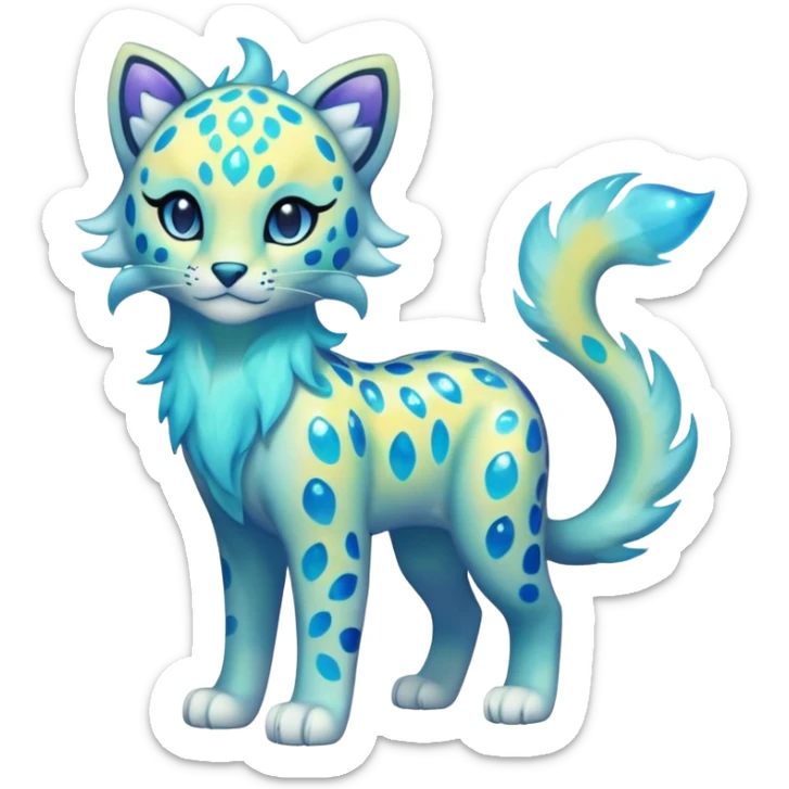 Colorful Iridescent Shiny Pastel Nebulae Glowing Neon Bioluminescent Bright Icy Elemental Pawny Cute Innocent Liepard-Amaura-Litten-Sprigatito-Pokémon-fusion-creature (full body) sticker