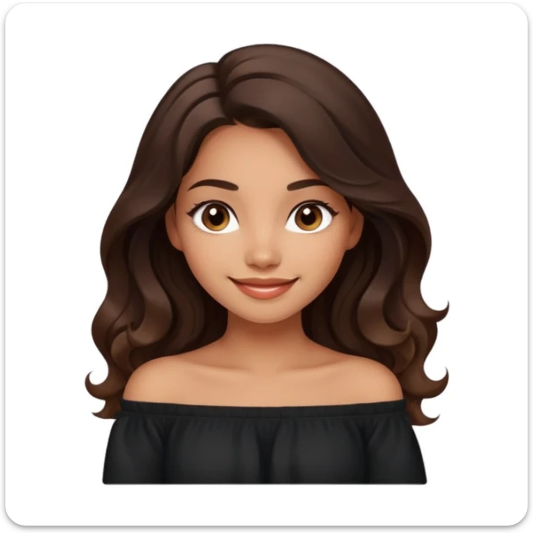 clean modern emoji of a young woman with medium skin tone, long wavy dark brown hair, black off-shoulder top, soft friendly smile, expressive eyes, warm charming confident style, subtle gradient background sticker