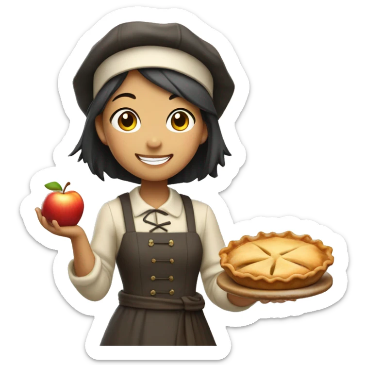 A cute pilgrim asian girl holding a steaming apple pie with a proud smile. sticker