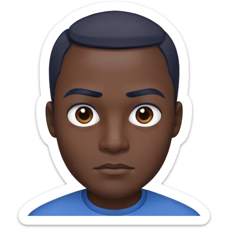 es negro tiene poco pelo cejas grande y fuerte ropa azul sticker