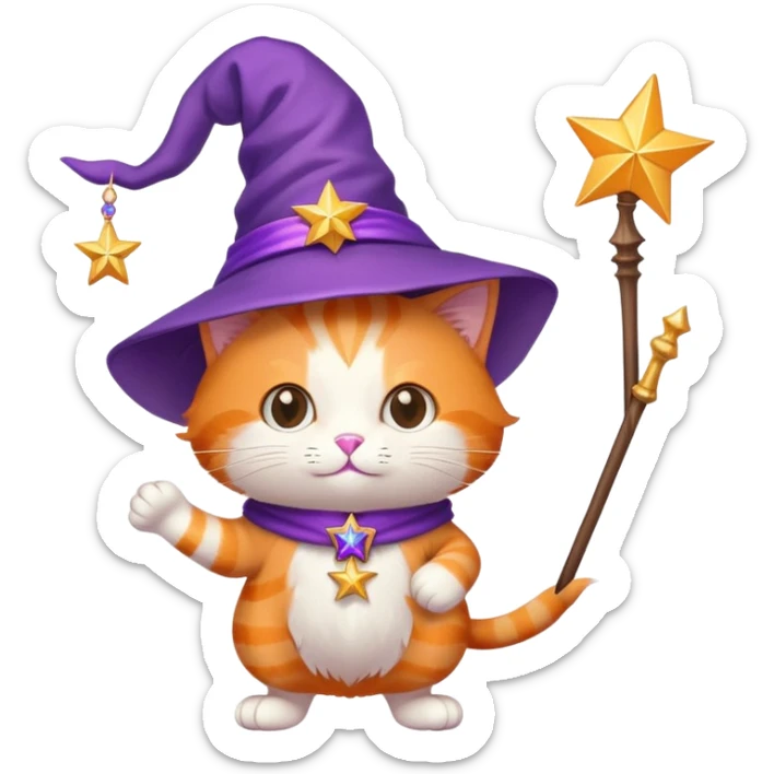Orange cat wearing a purple wizard hat and holding a magic wand with a star at the tip sticker