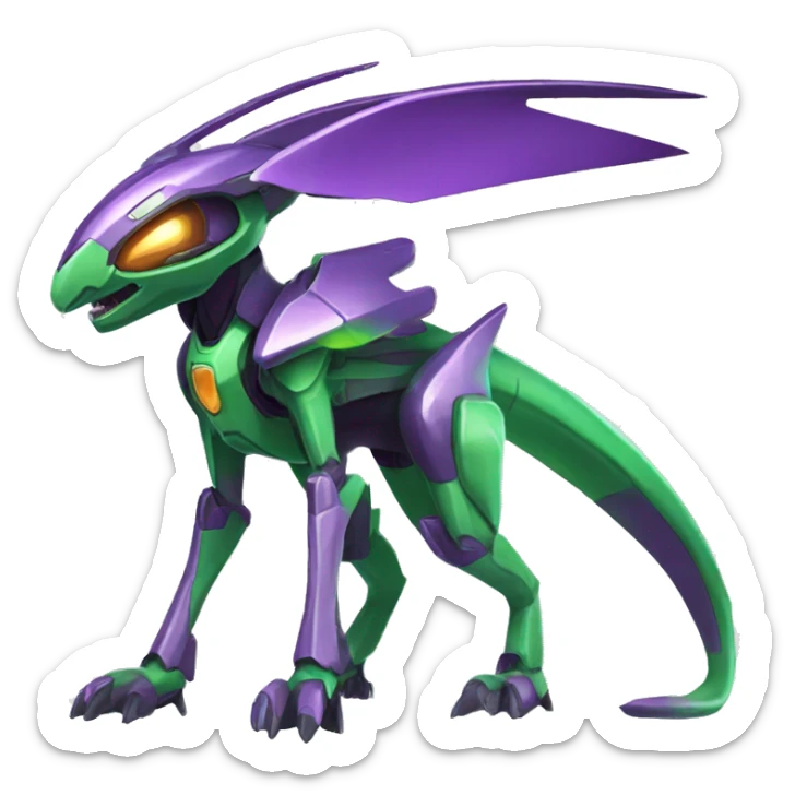 a shiny purple-green Genesect-Raptor-Fakémon—hybrid with a futuristic visor-helmet full body sticker