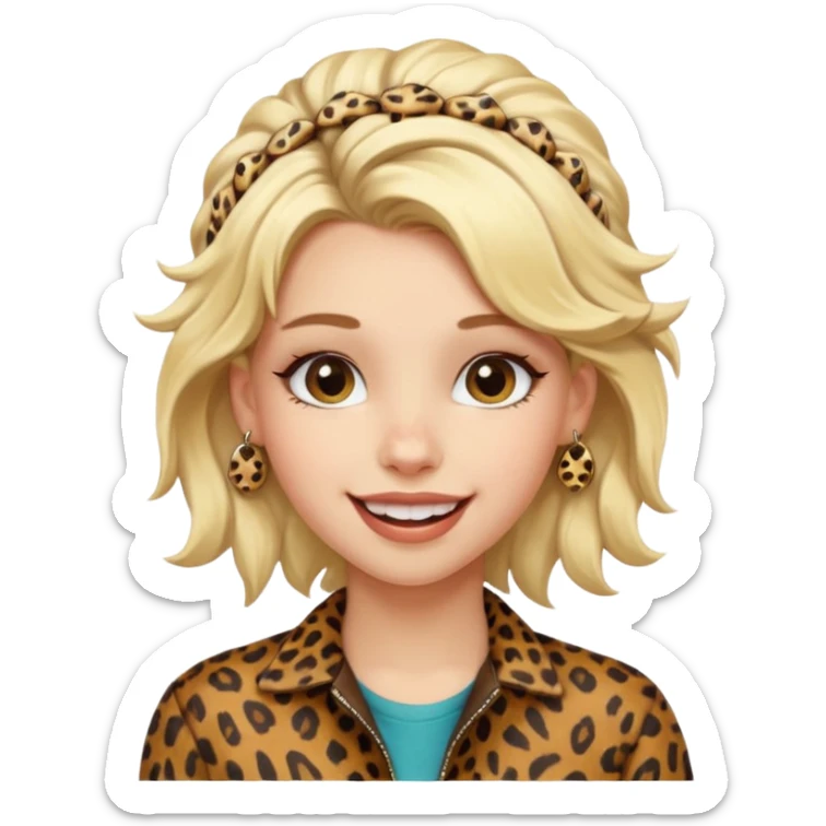 Une fille blonde et joyeuse. Elle porte une coiffure rock et originale avec des barrettes léopard et motif peau de vache. sticker